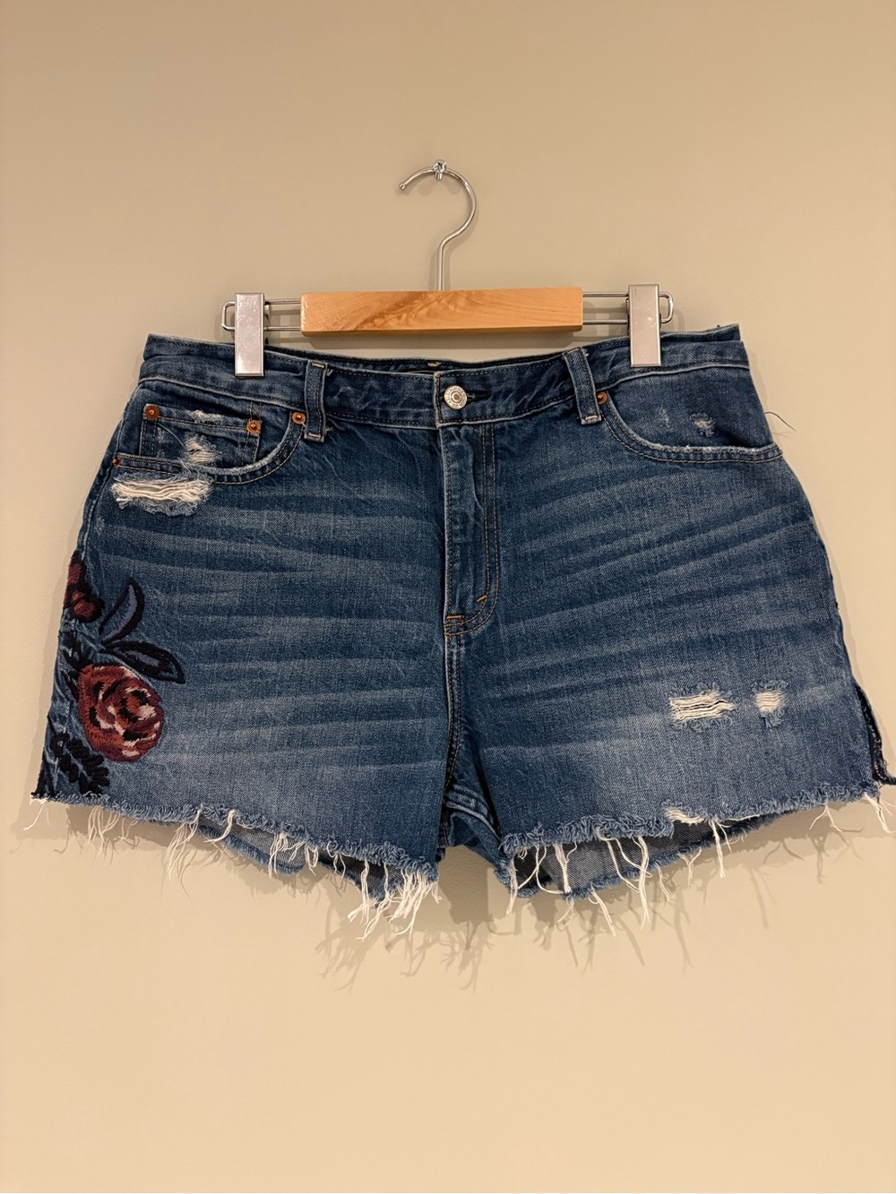 Abercrombie & Fitch Blue Distressed Denim Shorts with Rose Embroidery